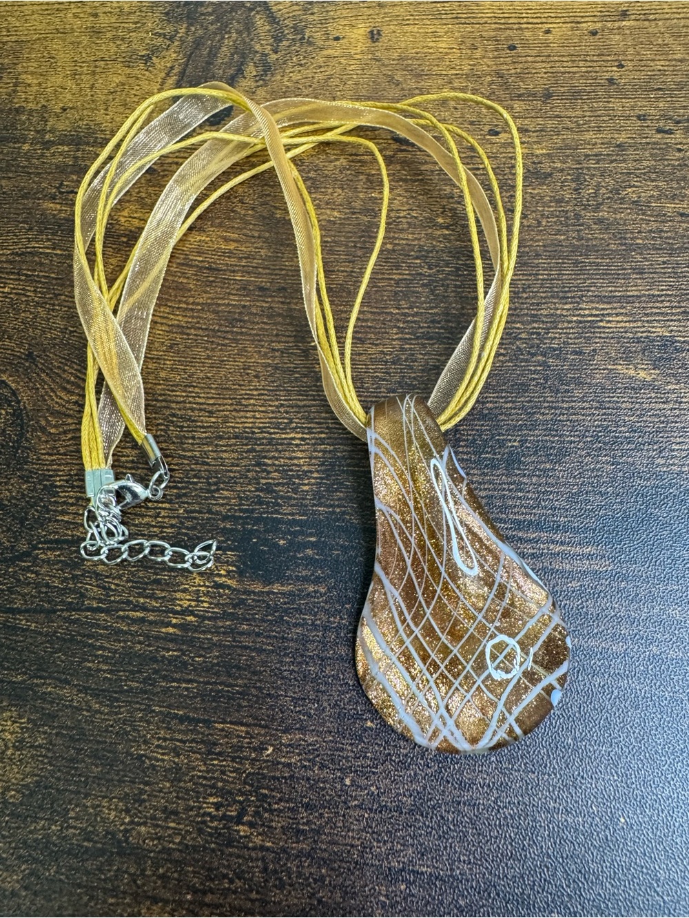 Gold Art Glass Pendant Necklace - Yellow Ribbon